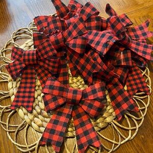 Christmas Buffalo Check Bows Fabric Over Plastic Ornaments/ Decor - Set of 11